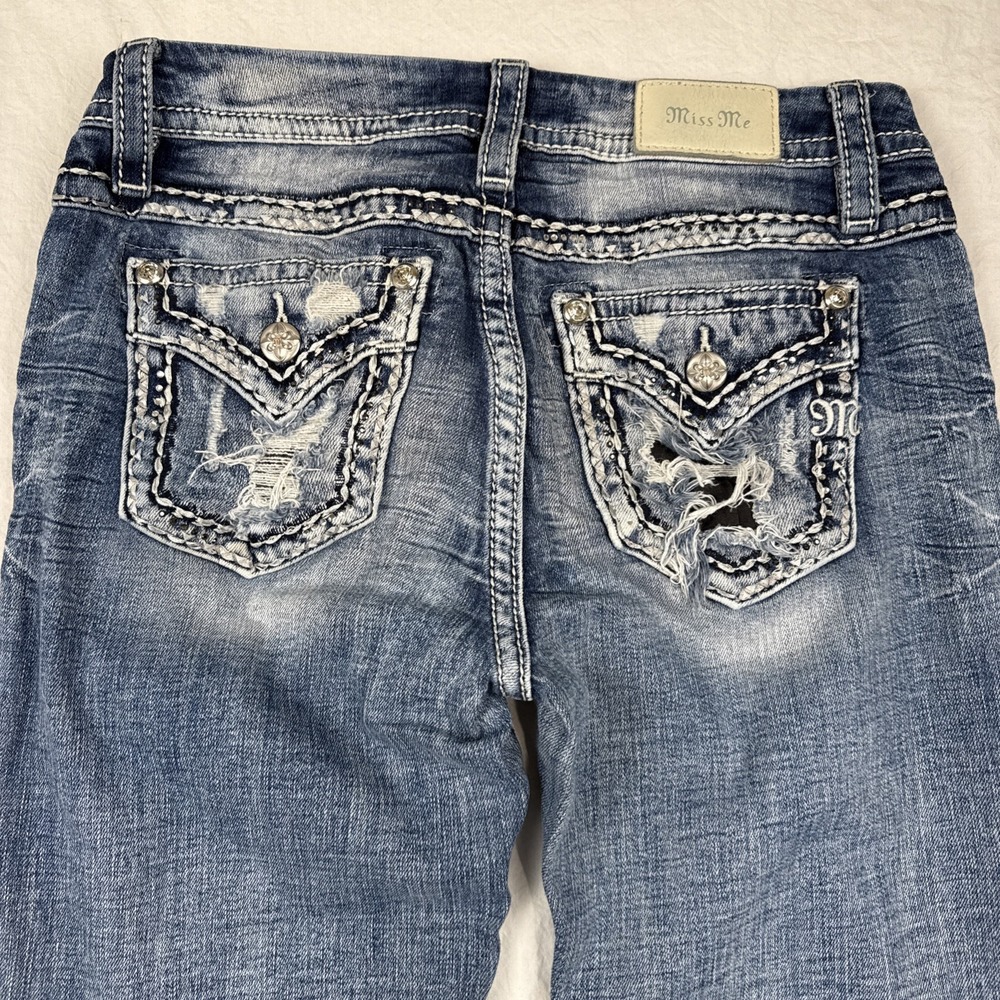 Miss Me JEANS WOMENS 29/32 EASY BOOT THICK STITC RHINESTO FACTORY WHISKERING